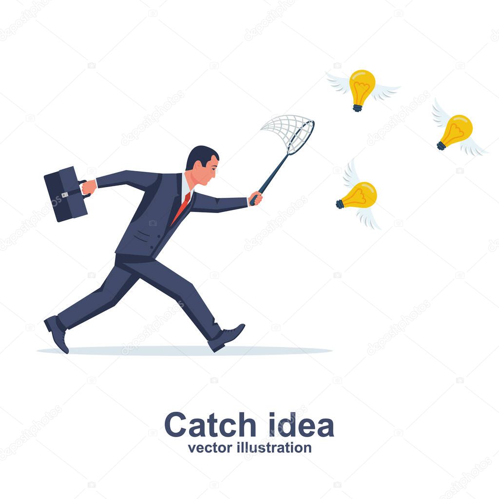 Businessman is trying to catch flying light bulb with scoop-net