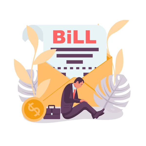 Billova Přistávací Stránka Smutný Obchodník Sedí Fakturou Obálce Vektorová Ilustrace — Stockový vektor