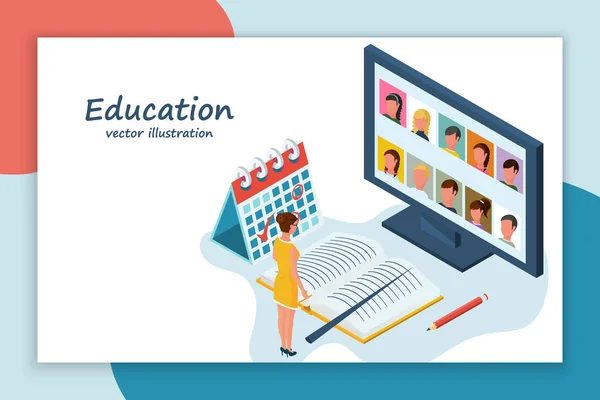Lehrer Mit Zeiger Und Buch Vor Einem Computerbildschirm Online Bildung — Stockvektor