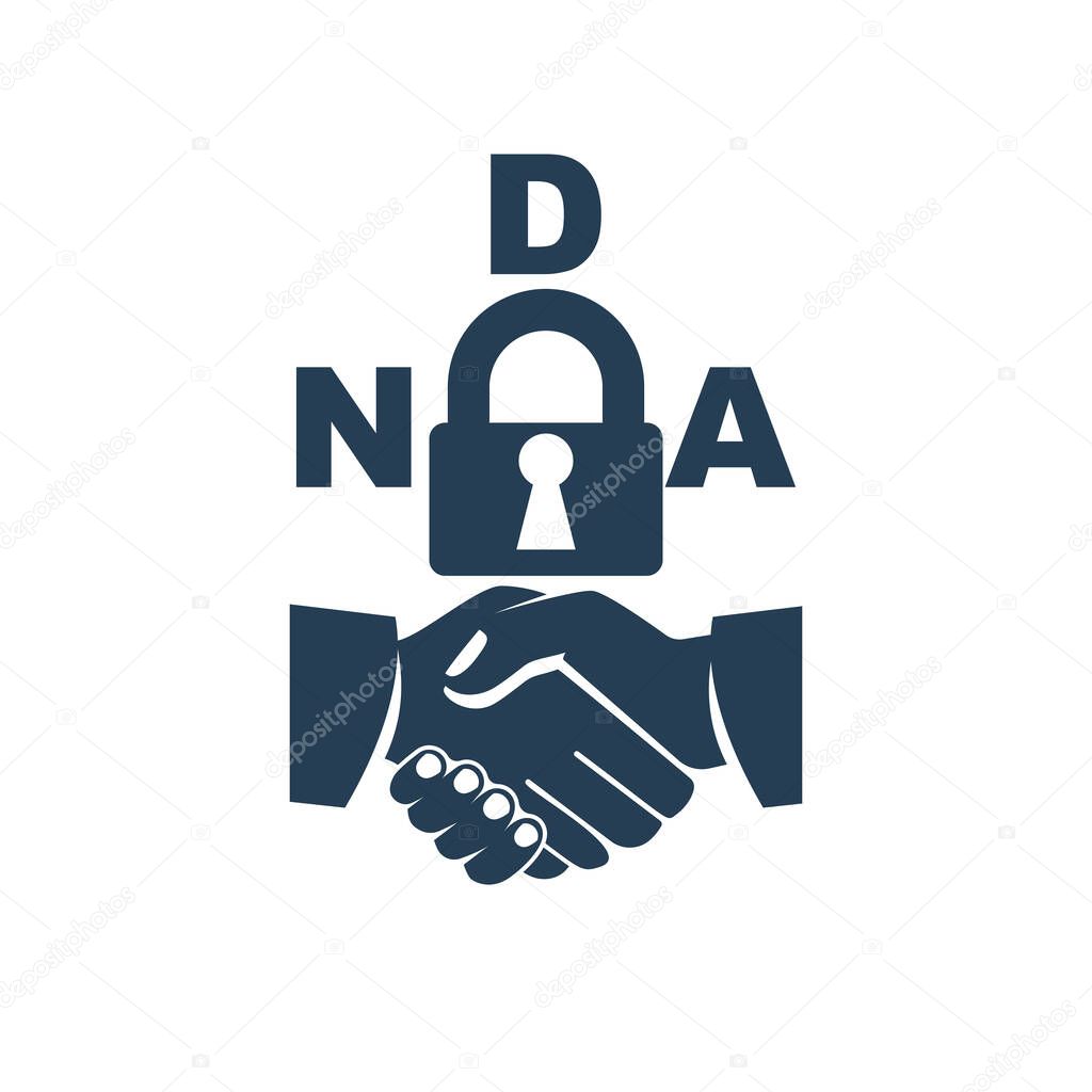 NDA logo. Black icon Non disclosure Agreement. Vector illustration flat design. Businessmen shaking hands. A successful deal. Glyph NDA concept. Privacy sign. A closed lock as a symbol of silence.