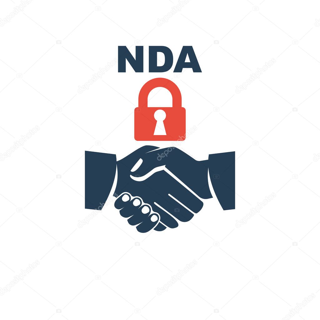 NDA logo. Black icon Non disclosure Agreement. Vector illustration flat design. Businessmen shaking hands. A successful deal. Glyph NDA concept. Privacy sign. A closed lock as a symbol of silence.