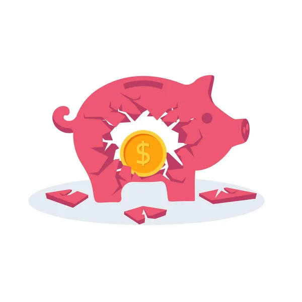 Broken Piggy Bank Εικονογράφηση Διάνυσμα Στυλ Σχεδίασης Χρυσό Νόμισμα Ένα — Διανυσματικό Αρχείο