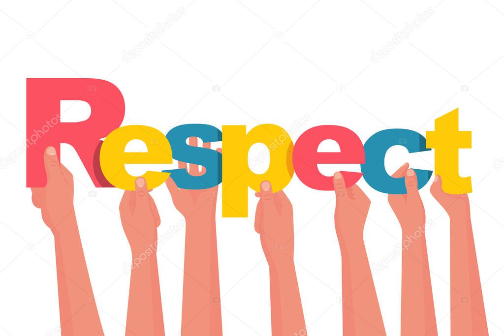 Respect concept. People are holding letters in their hands. Vector illustration flat design. Isolated on white background. Relationship people. Web banner.