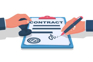 İş adamı kontrat imzalar ve pul yapıştırır. İçinde belgeler olan bir pano. Yasal kağıt. Vektör çizimi düz tasarım. Arka planda izole edilmiş. İmzalı iş belgesi, imza. Kalem elimde..