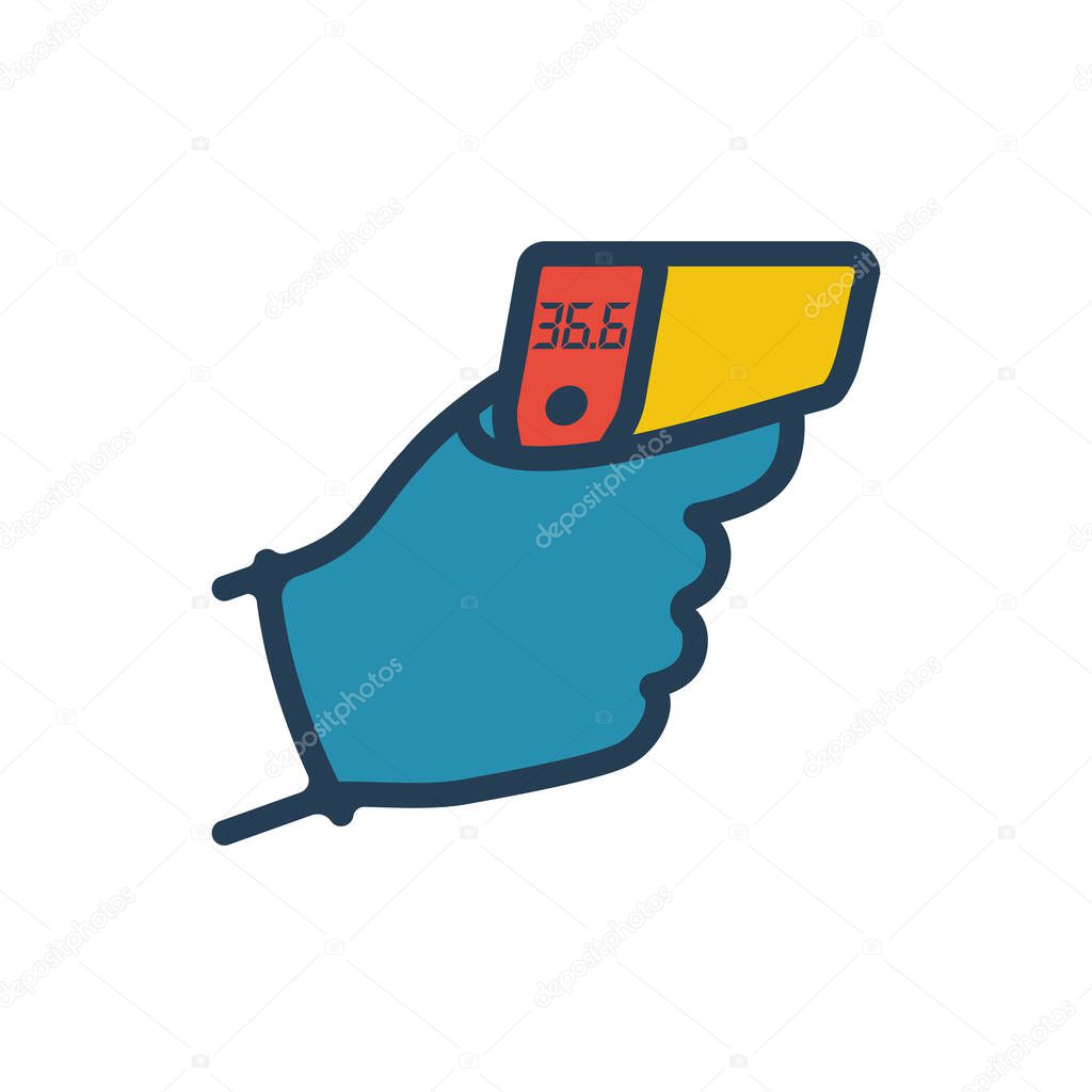 Digital non-contact infrared thermometer in hand doctor. Color icon thermometer measuring body temperature. Vector flat design. Isolated white background. Prevention of coronavirus disease 2019-nCoV.