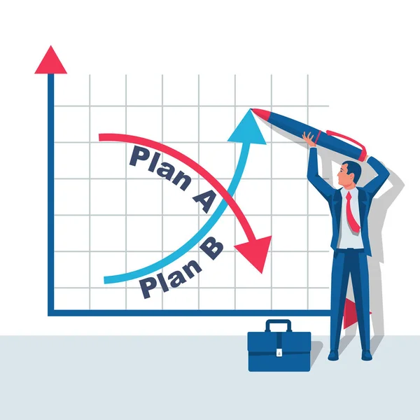 Plan Plan Financiële Kaart Grafiek Schoolbord Zakenman Gaat Tweede Optie — Stockvector