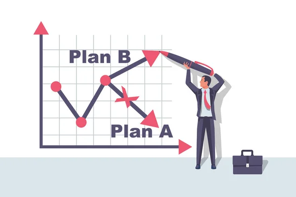 AとBを財務チャート上で計画する 黒板にグラフ ビジネスマンは2番目の選択肢に渡します ベクトルイラストフラットデザイン 成功解決と失敗の象徴として上下矢印 — ストックベクタ