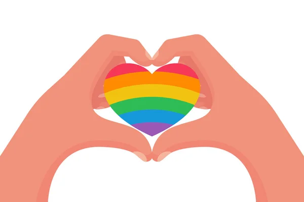 恋愛中のゲイカップル 誇りの象徴として虹色の心 同性カップルのための平等 愛の手でジェスチャーを示す ベクトルイラストフラットデザイン 背景に隔離された — ストックベクタ
