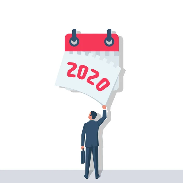 Tschüss 2020. Ein Geschäftsmann reißt ein Kalenderblatt des abgelaufenen Jahres ab. — Stockvektor