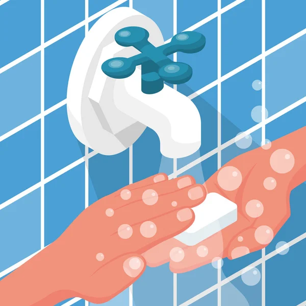 Wash hands. Man hold soap in hand under water tap. — Stock Vector