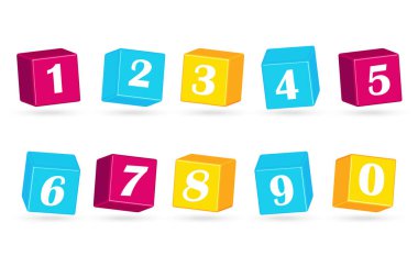 Renkli küplerin sayısı 1, 2, 3, 4, 5, 6, 7, 8, 9. Renk blokları. Ağ afişleri için nesneler. Metin şablonu. Vektör çizimi düz tasarım. Beyaz arkaplanda izole.
