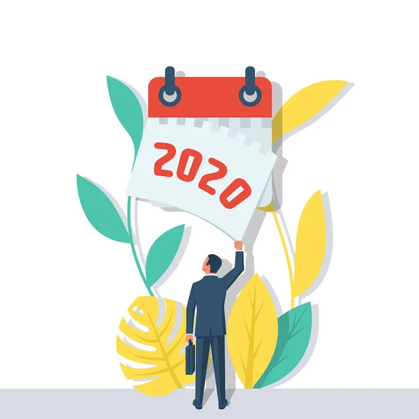 Adjö 2020. En affärsman sliter av ett kalenderblad för det föregående året. — Stock vektor