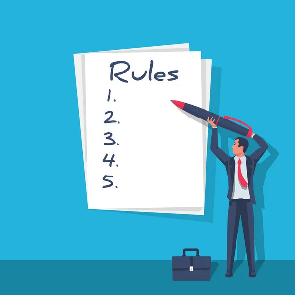 Koncepcja Zasad Biznesmen Pisze Regulaminie Lista Kontrolna Wymaganiami Reguła Pustej — Wektor stockowy