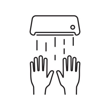 El kurutma makinesi siyah çizgi simgesi. Halka açık bir yerde ekipman. Vektör illüstrasyon çizgi film tarzı. Arka planda izole edilmiş. Hijyen ve el yıkama. Umumi tuvalet işareti.