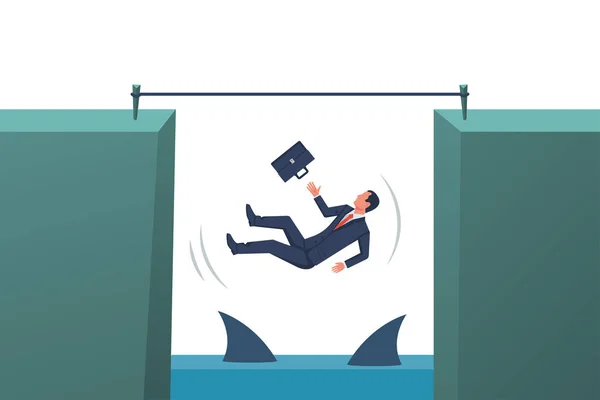 Concepto Riesgo Empresarial Hombre Negocios Caerá Abismo Con Tiburones Ilustración — Vector de stock