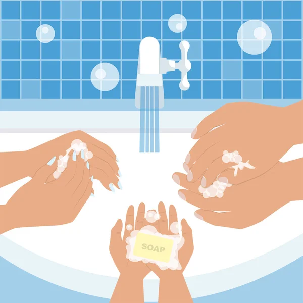 Hände Waschen Familie Eltern Und Kind Waschen Sich Die Hände — Stockvektor