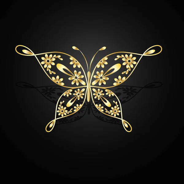 Mariposa abstracta de oro sobre fondo negro — Vector de stock