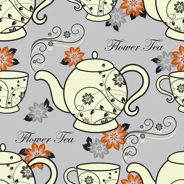 シームレス パターンのティーポットとカップと花のデザイン要素. — ストックベクタ
