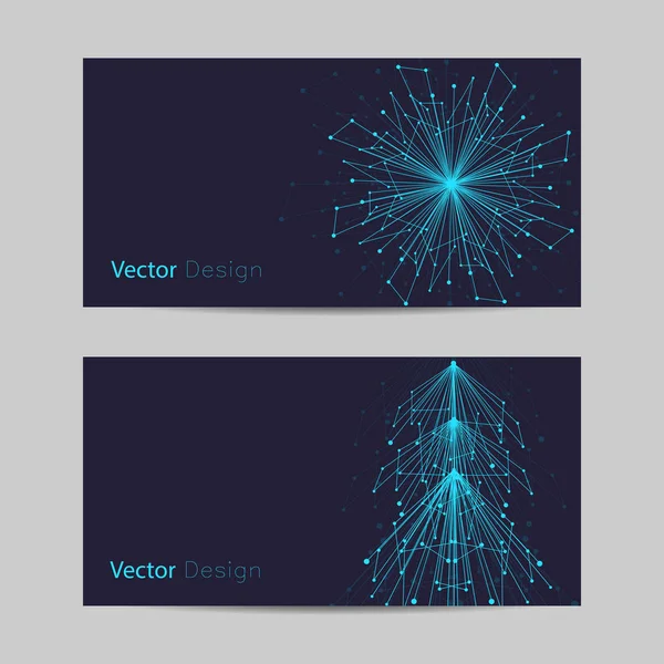 Set of horizontal banners. Abstract snowflake and fir tree made of connected lines and dots — Stock Vector