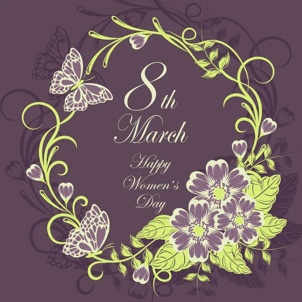 Tarjeta de felicitación de día para mujer con hermosas flores sobre fondo violeta . — Vector de stock