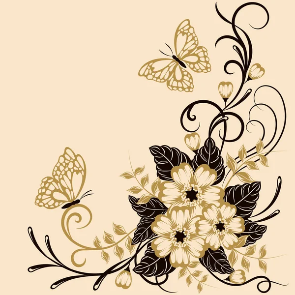 Gyönyörű virágos háttér pillangók fekete és sárga színek helyét a szöveg — Stock Vector