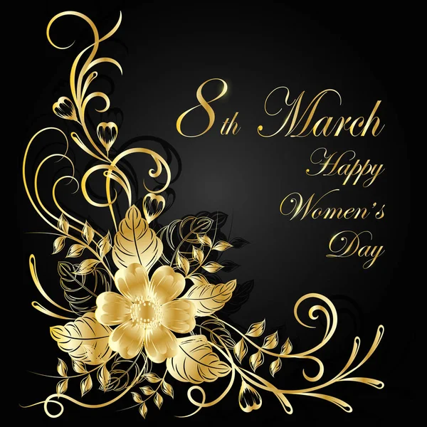 Tarjeta de felicitación de día para mujer. Hermosas flores de oro sobre fondo oscuro con sombra . — Vector de stock