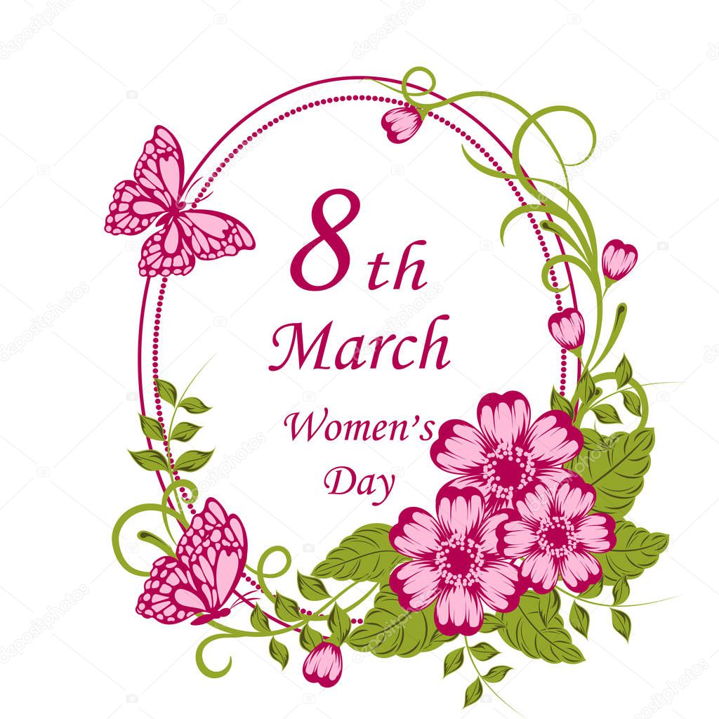 Womens day greeting card with beautiful flowers on white background.