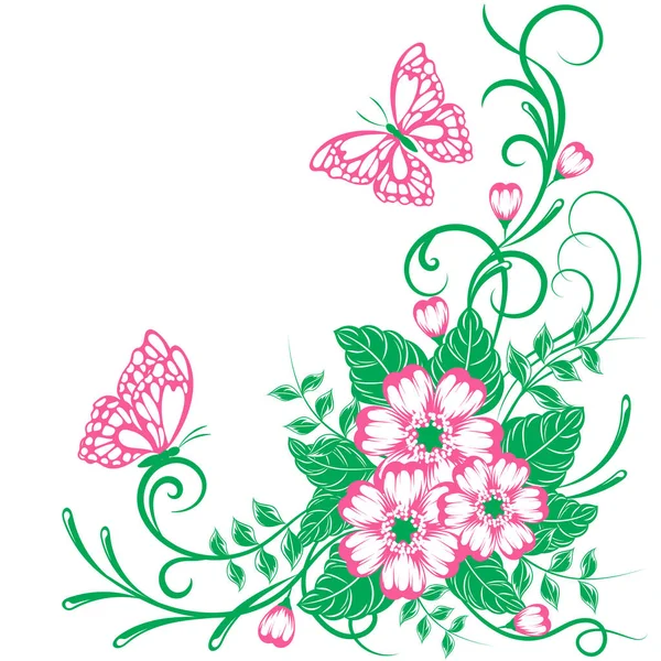 Piękny kwiatowy tło z motylami w kolorach zielonym i różowym, z miejscem na Twój tekst — Wektor stockowy