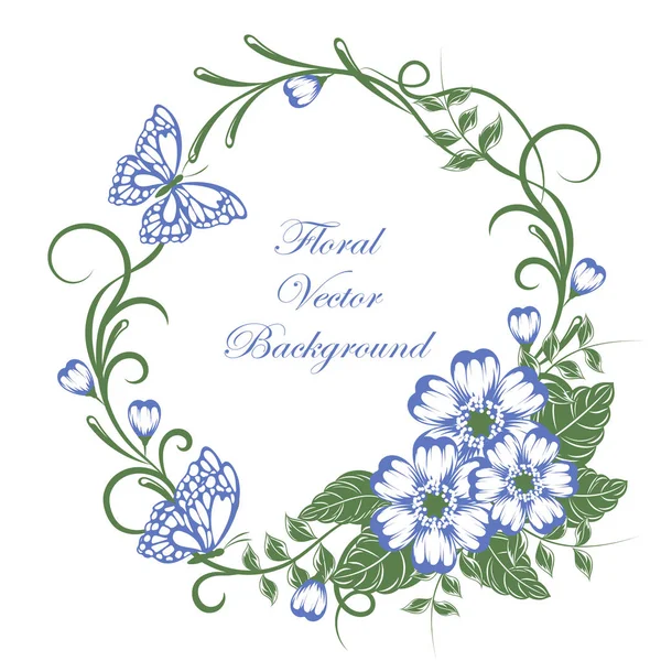 Πανέμορφο λουλουδάτο φόντο με πεταλούδες με πράσινα και μπλε χρώματα με τη θέση για το κείμενό σας — Διανυσματικό Αρχείο