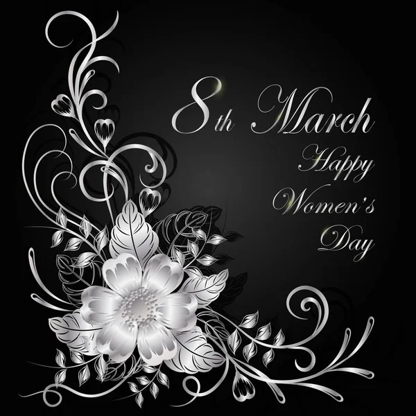 Cartão de saudação do dia das mulheres. Lindas flores de prata no fundo escuro com sombra . —  Vetores de Stock