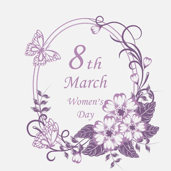 Tarjeta de felicitación de día para mujer con hermosas flores sobre fondo blanco . — Vector de stock