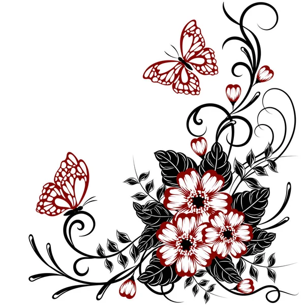 Gyönyörű virágos háttér piros és fekete színben, a hely a szöveg pillangók — Stock Vector