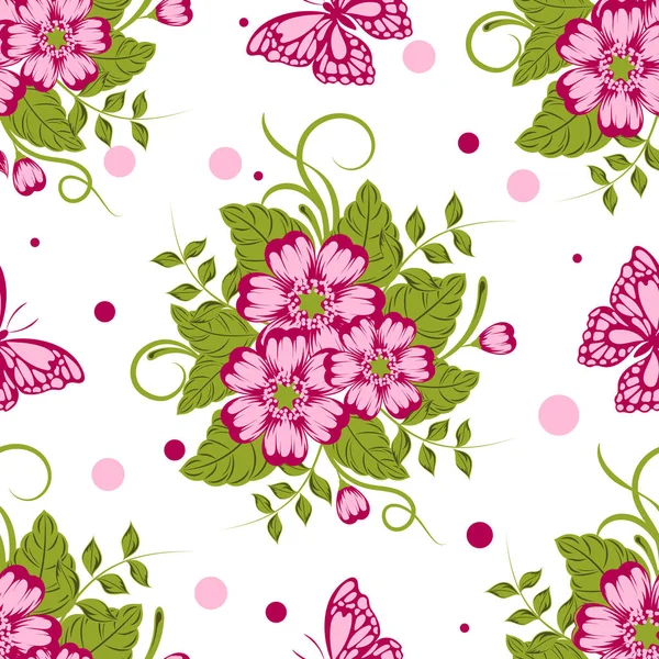 Patrón sin costuras con hermosas flores y mariposas. Ilustración vectorial — Archivo Imágenes Vectoriales
