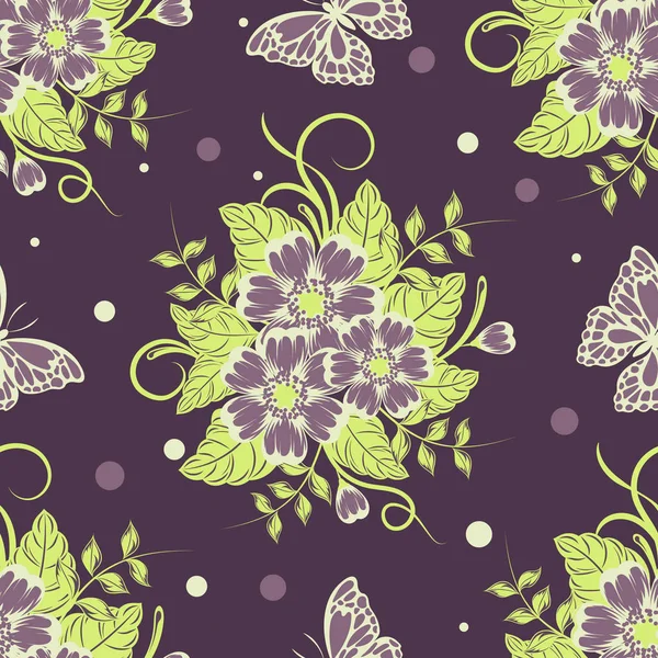 Patrón sin costuras con hermosas flores y mariposas. Ilustración vectorial — Vector de stock