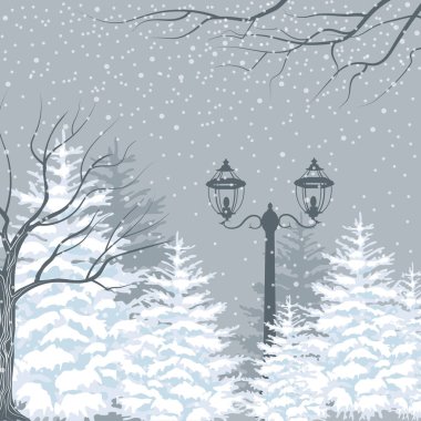 Vector winter background. Snowfall, fir trees and lanterns. Outside park landscape