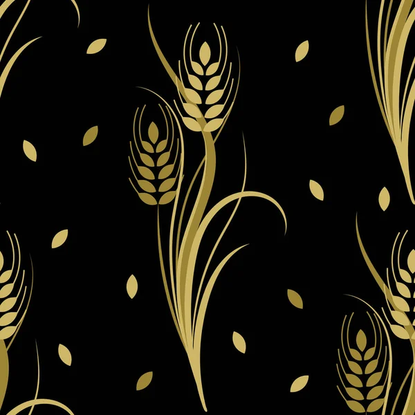 Бесшовный рисунок с золотыми шипами пшеницы на черном фоне. Векторная иллюстрация — стоковый вектор