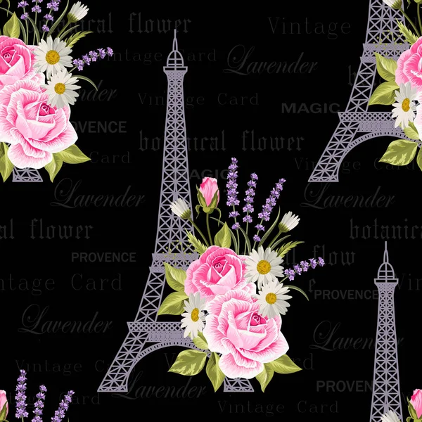 Patrón floral sin costuras con torres Eiffel sobre fondo de postal vintage. Ilustración vectorial — Vector de stock