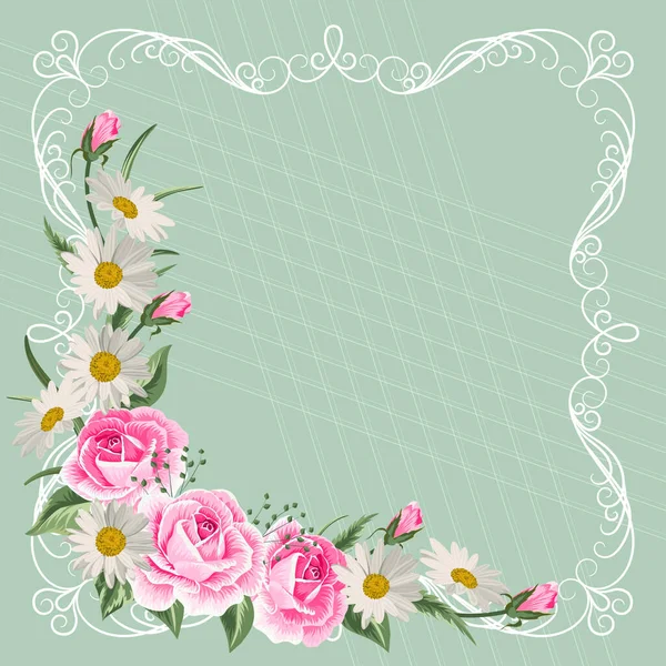 Beautiful vintage frame with flowers on green background. — Stock Vector