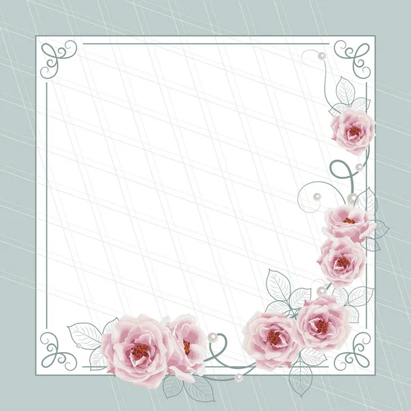 Bella cornice quadrata con rose su sfondo blu per biglietto di auguri o disegno invito — Vettoriale Stock