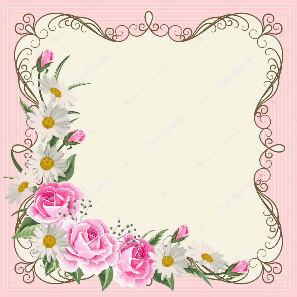 Beautiful vintage frame with flowers on pink background.