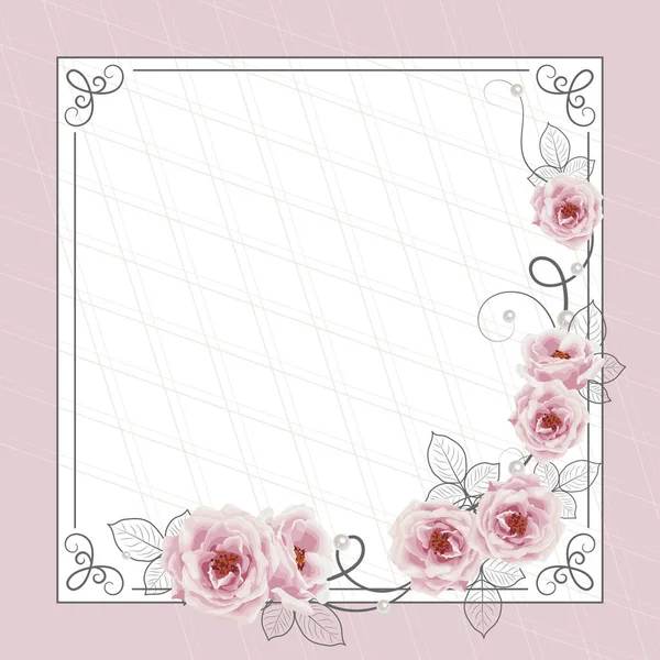 Vacker fyrkantig ram med rosor på rosa bakgrund för gratulationskort — Stock vektor