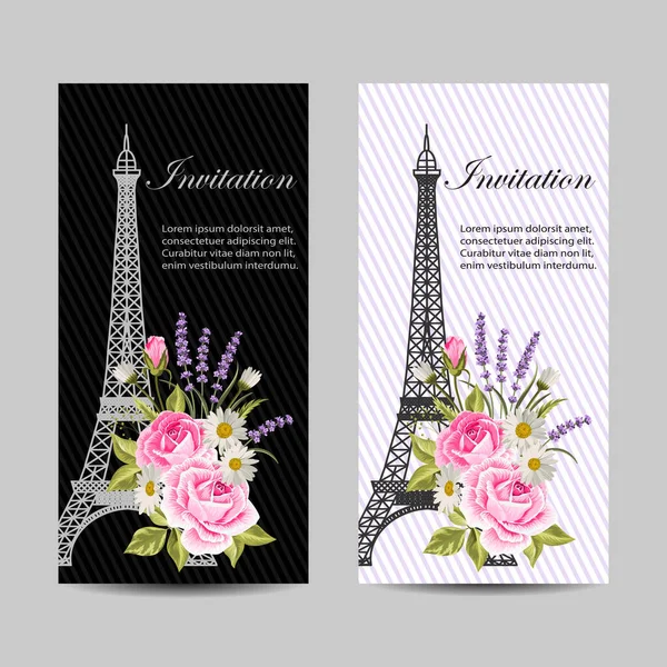 Conjunto de pancartas verticales con Torre Eiffel y flores . — Vector de stock