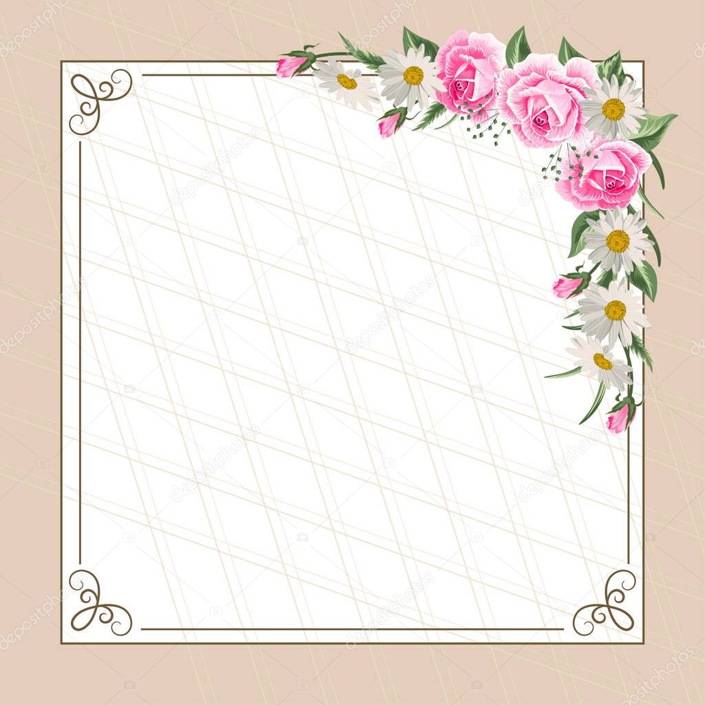 Beautiful vintage frame with flowers on striped background