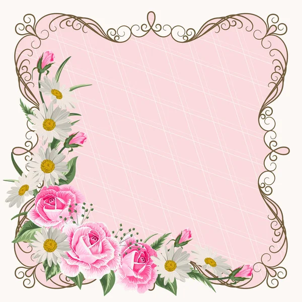 Bela moldura vintage com flores no fundo rosa. — Vetor de Stock