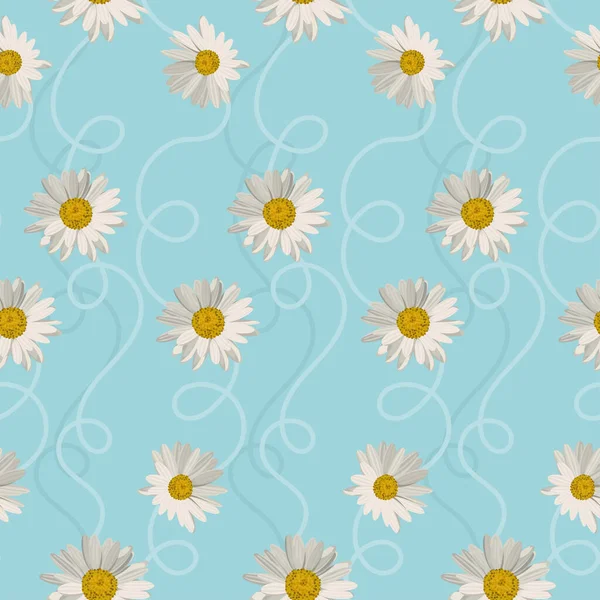 Nahtloses Muster mit weißen Gänseblümchen auf blauem Hintergrund. Vektorillustration — Stockvektor