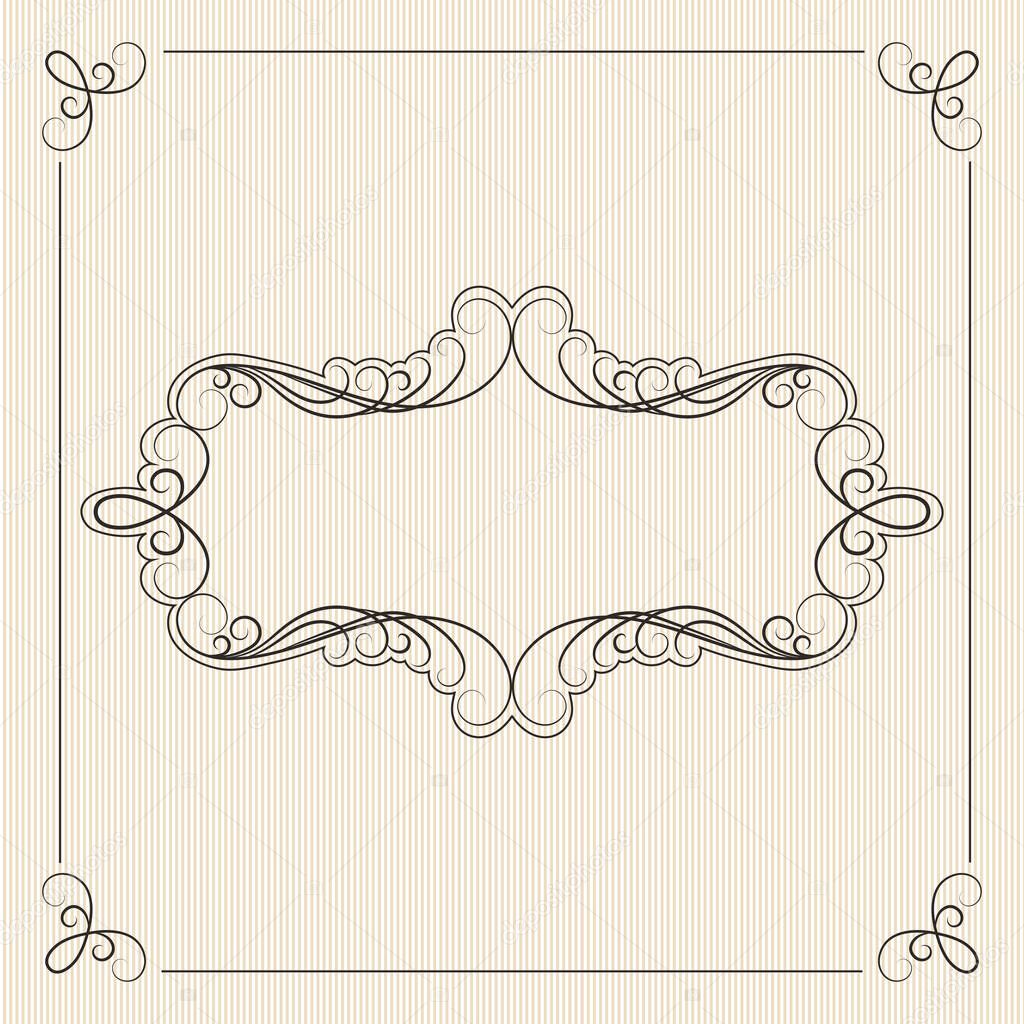 Brown calligraphy ornamental decorative frame on white striped background