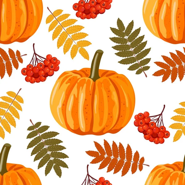 Seamless pattern with leaves, pumpkins and rowan berries. Vector autumn background. — Stock Vector