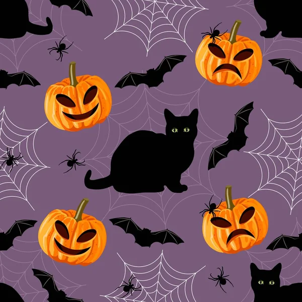 Halloween sem costura padrão com gato preto, morcego, aranha, teia e abóbora. — Vetor de Stock