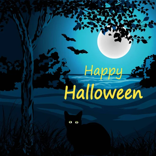 Feliz ilustração vetorial de Halloween com gato preto, árvore e morcegos. —  Vetores de Stock