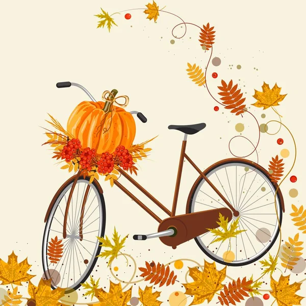 Autumn background with bicycle, pumpkin and colorful leaves — Stock Vector